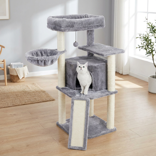 Modern Multi-Level Cat Tree - Gray Plush with Sisal Scratching Posts